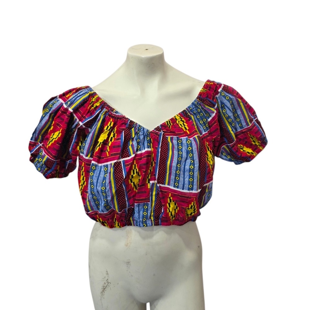 D'IYANU African Print Off Shoulder Crop Top XL Puff Sleeve Ankara Boho Festival